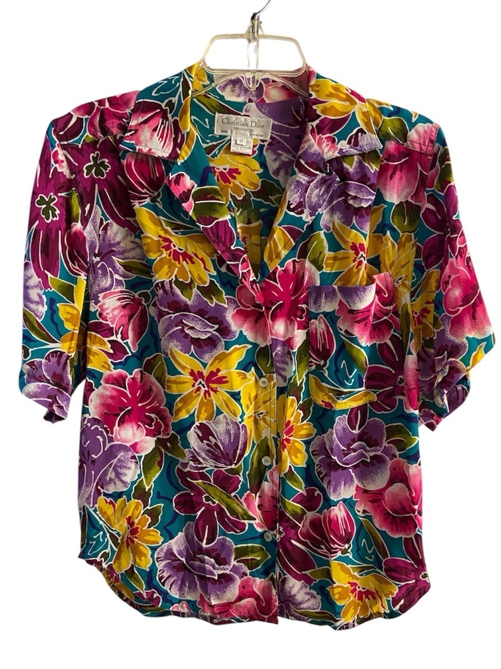 Christian Dior Floral Short Sleeve Button Front Blouse Top Size 10